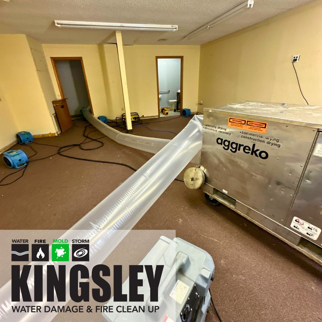 Commercial emergency water damage mitigation response --- large dehumidifiers system with plastic ducting and multiple air movers working to dry pooled water on carpeted flooring to prevent mold and further water damage loss.